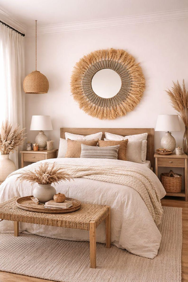 Moroccan cord raffia mirror in round shape