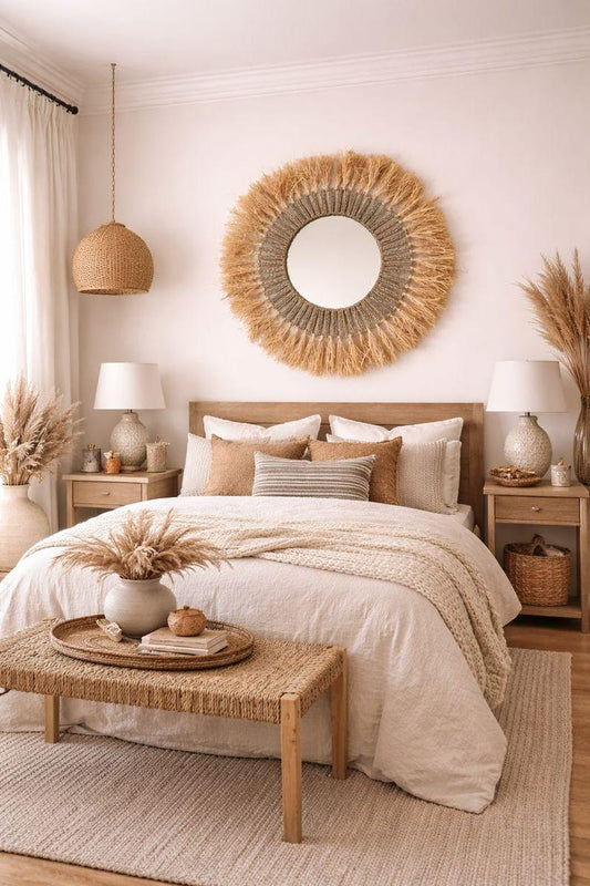 Moroccan cord raffia mirror in round shape