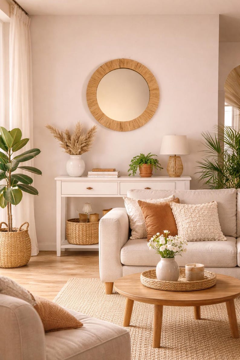 Moroccan cord raffia mirror in round shape