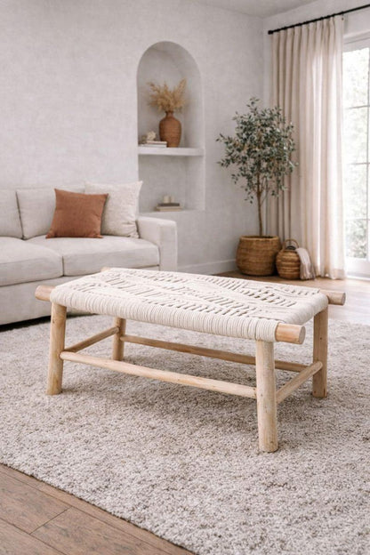 Moroccan Handwoven Bench with White Cord
